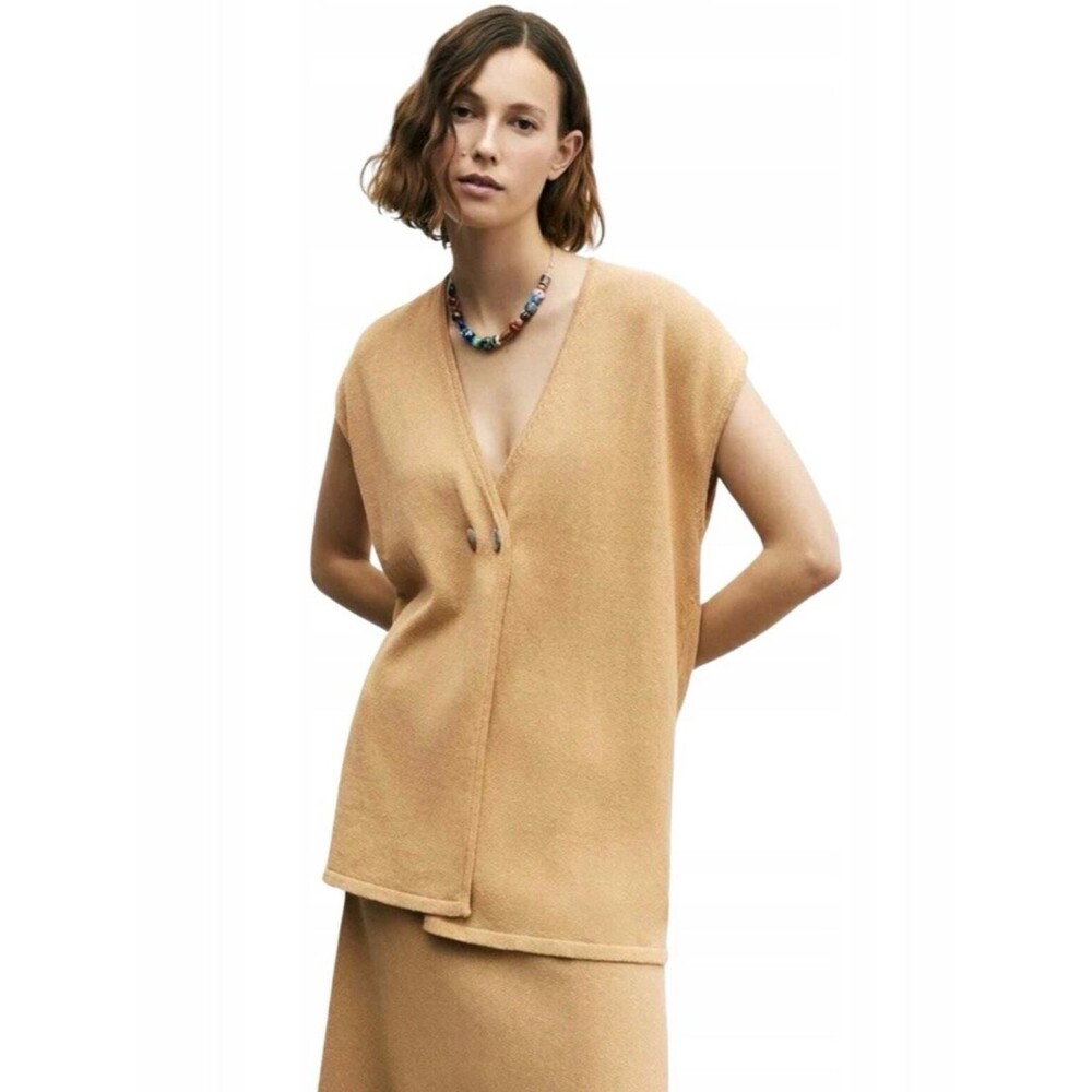 Zara Rustic Minimalist Cotton Blend Camel Knit Button Tunic Vest Neutral Sz M/L